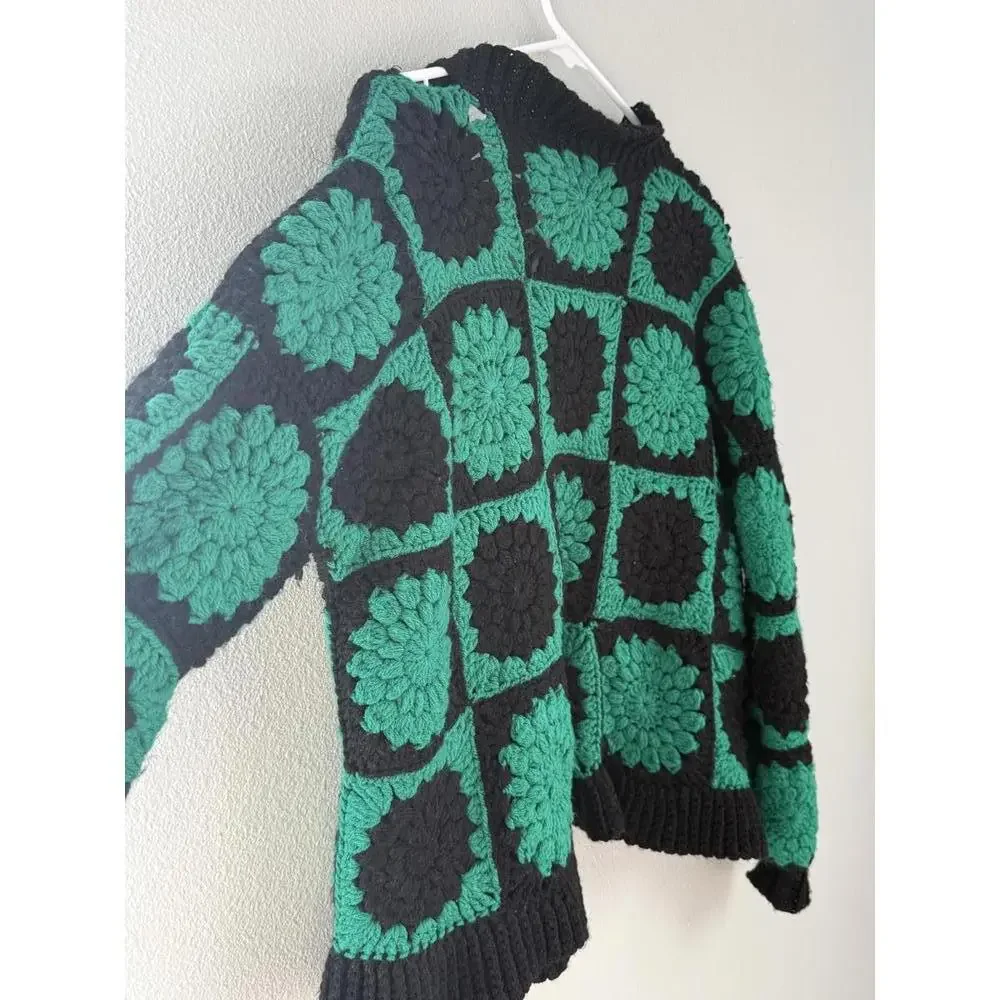 Crocheted Black and Green Cardigan Sweater (One Size)